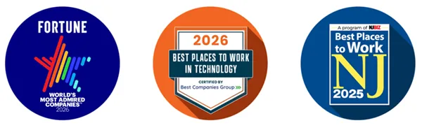 Fortune World's Most Admired Companies 2026 logo, 2026 Best Places to Work in Technology, Certified by Best Companies Group award 2026 logo, Program of NJ Biz Best Place to Work NJ 2025 logo