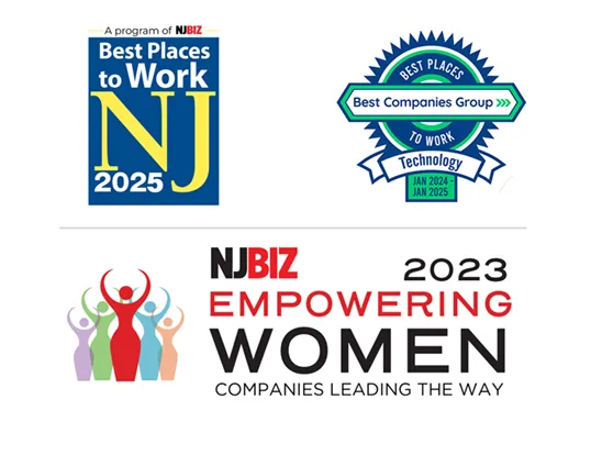 NJ Biz Best Place to Work NJ 2025 logo, Best Places, Best Companies Group To Work Technology Jan 2024-Jan 2025 logo, NJ Biz 2023 Empowering Women Companies Leading the Way logo